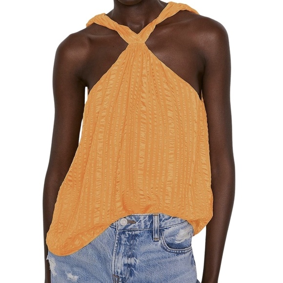 NEW Frame 100% Silk Twisted Neckline Draped Halter Top in Kumquat Yellow Sz. M - Picture 1 of 4